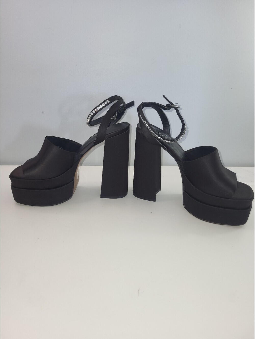 Black Rhinestone Platform Heels Block Heel Sandals Size 9 Y2K Bratz Glam